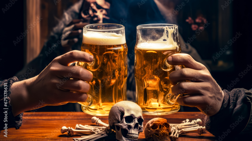 Two people holding mugs of beer with skull on the table in front of them.