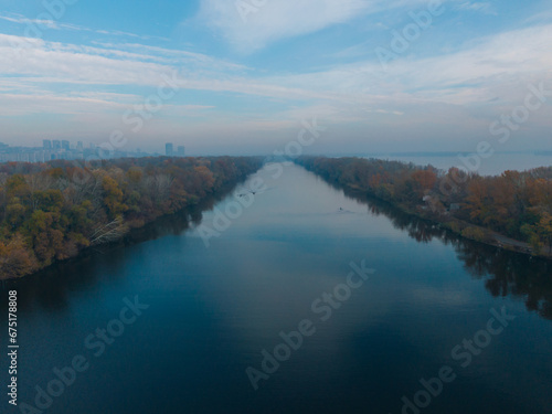 The rowing canal spit on Pobeda in the city of Dnieper from above. River View. Autumn colors. Drone photography. © Denis Chubchenko