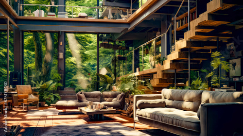 Living room filled with lots of furniture and tall glass wall with trees in the background. © Констянтин Батыльчук