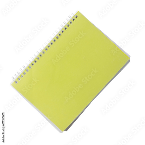 Closed paper notebook with neon green cover, spiral binding. Realistic, photography, isolated on white background. photo