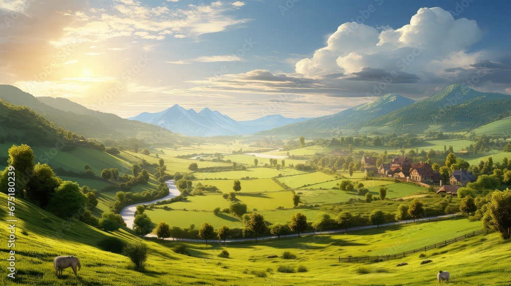 Obraz premium mountain valley environment sun landscape illustration grass countryside, meadow beautiful, outdoor green mountain valley environment sun landscape