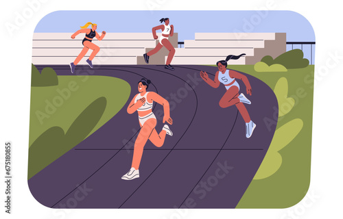 Sporty women on running track. Female runners on sprinting competition, race. People jogging on stadium. Athletes training body, stamina. Summer tournament. Outdoor sport. Flat vector illustration