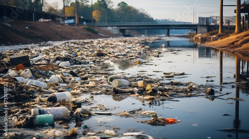 A polluted river, with trash and debris in the water as the background context, during a period of heavy industrial runoff