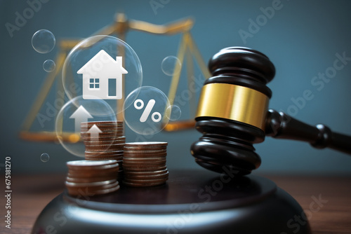 Judge Auctions and the Real Estate Legal System House model and hammer with icons on wooden table Laws governing foreclosures and bankruptcies, debts, or encumbrances.