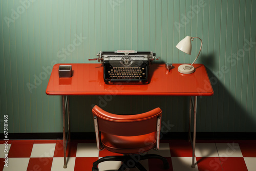 Vintage typewriter on a red table. Vintage workplace interior. Generated by artificial intelligence photo