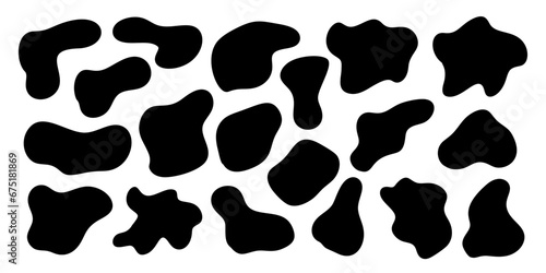 Organic random irregular shapes, abstract freeform liquid elements. Amoeoba form smooth blobs, contemporary random stains. Vector illustration of black, round, uneven, squishy icons.