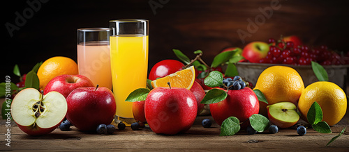 Fresh apple and orange juice served with ripe fruit on the table.