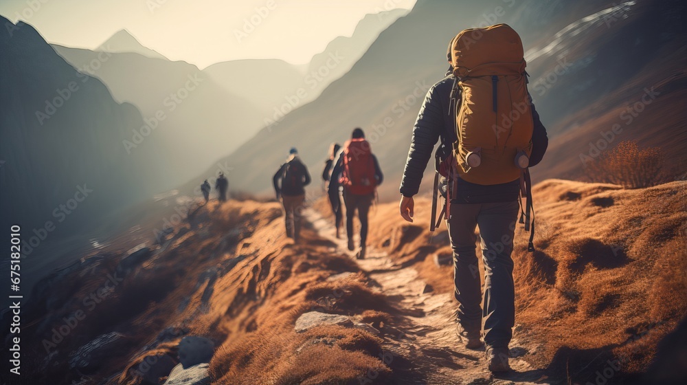 Hiking Adventure: A Group of Friends on an Alpine Trek with Stunning Views and Outdoor Fun