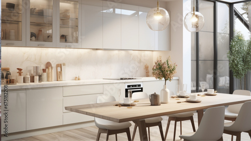 a modern kitchen white with window  in the style of light gray and light beige