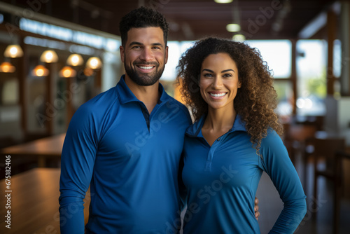 couple fitness man and woman in sportswear standing in gym club. personal trainer. healthy lifestyle