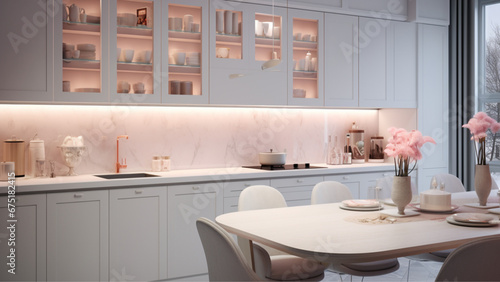 a modern kitchen white with window  in the style of light gray and light beige