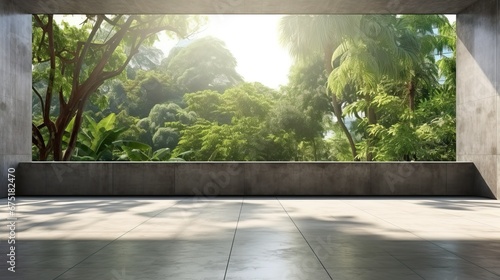 empty concrete floor in modern office building with green tree and city view