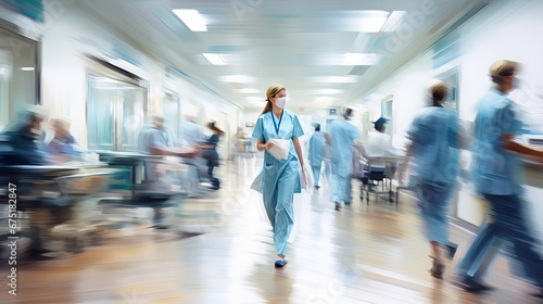 Emergency Treatment: Blurred Hospital Scene with Nurses, Patients, and Medical Care photo