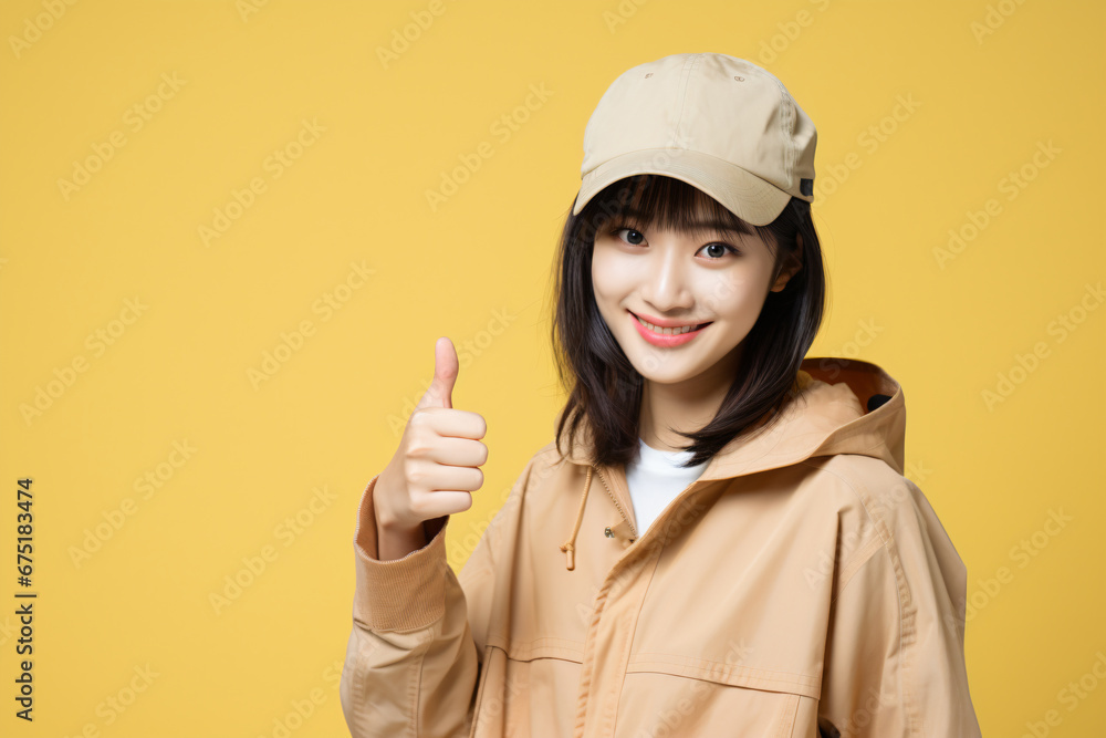 a woman in a hat and jacket giving a thumbs up