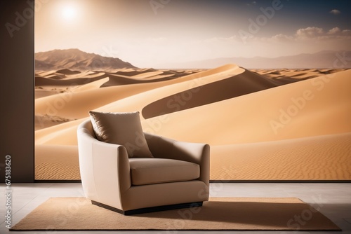 Einrichtungsidee veranschaulicht die Wirkung von Fototapeten. Ein beiger Sessel steht vor einer leeren Wand mit einer wunderschönen Wüstentapete mit Sanddünen im Hintergrund. photo