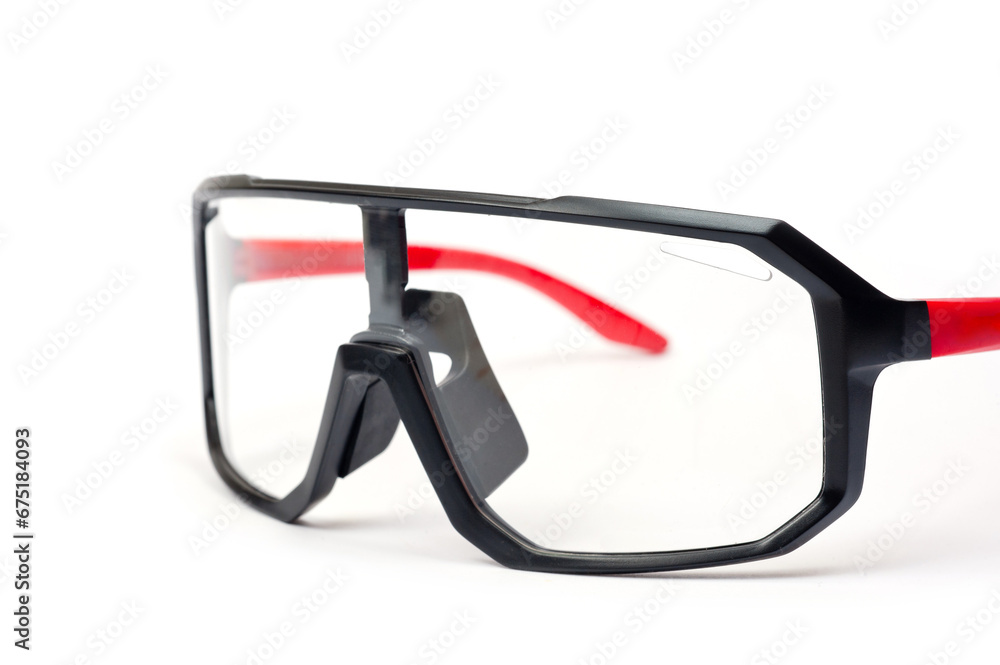 Cycling glasses for sports, unisex, plastic, with red temples. Cycling glasses for sports, unisex, plastic, with red temples.