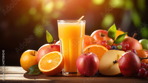 Apple and orange juice on the table, fresh ripe delicious fruits on top.