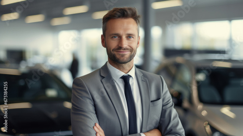 Man, portrait, businessman for vehicle dealership, confidence and sales in automobile industry. Happy, smile and face of male wearing a business suit for motor, car or asset for ownership and finance © MalamboBot/Peopleimages - AI