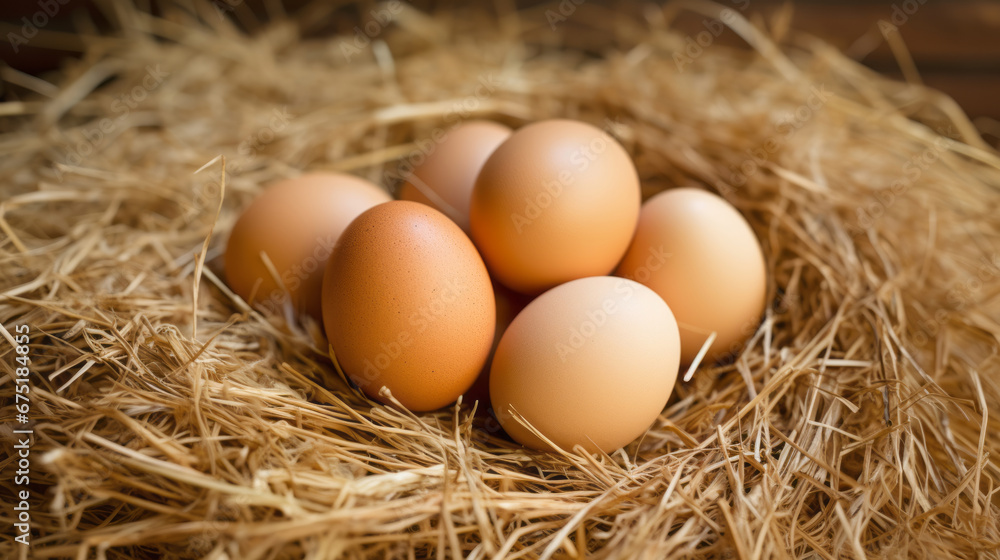 Chicken eggs on a straw, close up view Chicken eggs on a straw, close up view