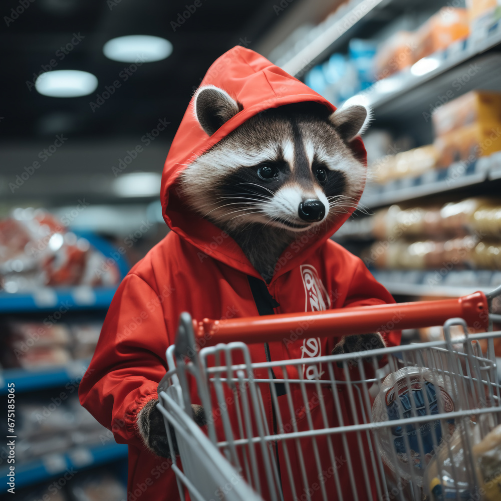 cute raccoon in human clothes chooses groceries in the store. Fashion trend, fantasy, funny animals. - obrazy, fototapety, plakaty 
