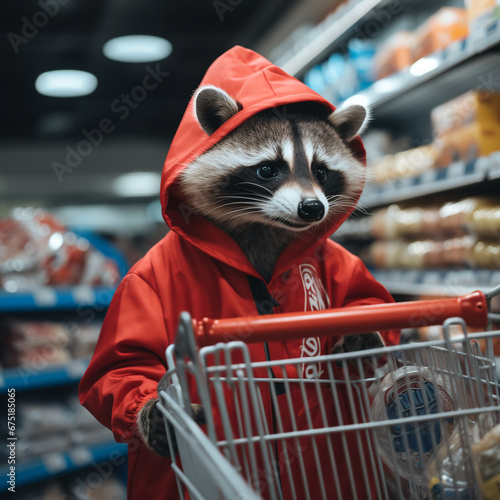 cute raccoon in human clothes chooses groceries in the store. Fashion trend, fantasy, funny animals. photo