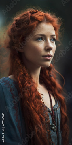 Portrait of a beautiful red hair Medieval girl with a blue dress. Viking, Historical.