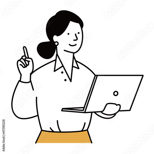 パソコンを持って案内をするOLのイラスト素材