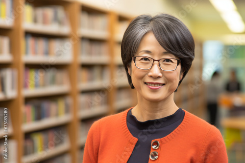 a woman in glasses standing in a library