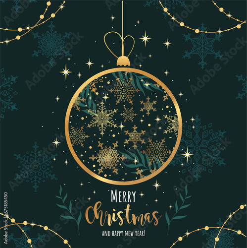 Merry christmas and happy new year greeting card with gold christmas ball. Poster, holiday cover. 