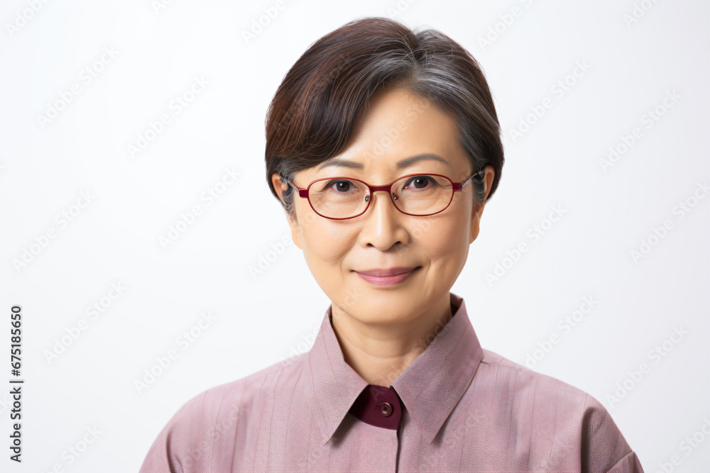 a woman with glasses and a pink shirt