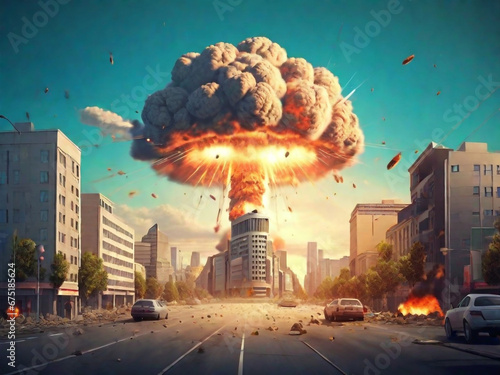 The explosion of nuclear bomb in the city. end of world illustration. Nuclear war threat concept. Ai Generative © AI Stocks