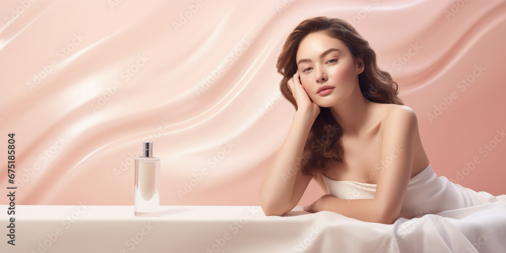 Obraz premium Beautiful young woman is sitting at a table covered with a silk cloth. Beauty and cosmetics advertising concept with copy space