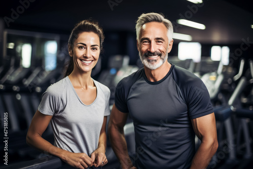 couple fitness man and woman in sportswear standing in gym club. personal trainer. healthy lifestyle