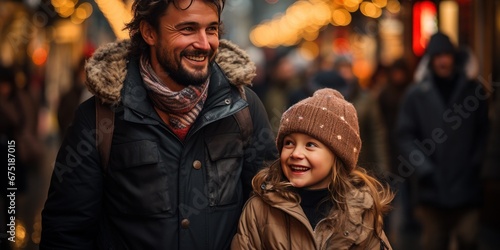 A happy father and his daughters are walking through a fair decorated with festive garlands. banner