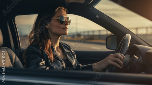 Portrait of woman, driving, vehicle for professional, confident and ownership. Face, smile and happy female driving her car for insurance, service repair and dealership. Automobile industry © MalamboBot/Peopleimages - AI