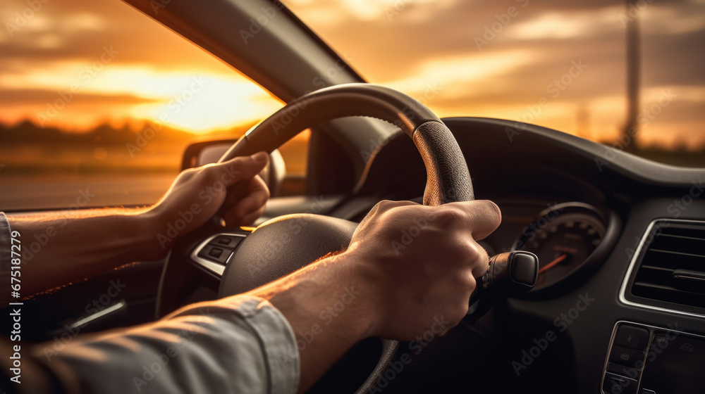 custom made wallpaper toronto digitalSteering wheel, hands and driving for vehicle insurance, safety and travel in a city at sunrise or sunset. Close-up, hands on steering wheel and steering, travelling in the city for tourism, mechanic
