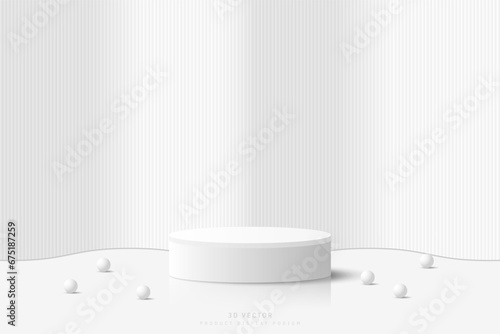 White 3D cylinder podium pedestal realistic with wavy wall background and sphere balls. Stage for showcase. 3D vector geometric platform. 3D product display presentation. Minimal scene for mockup. photo