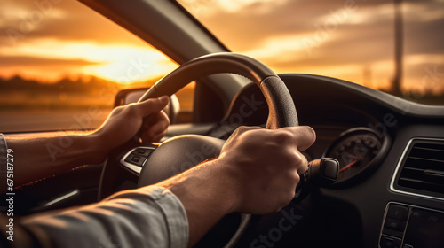 Wallpaper Mural Steering wheel, hands and driving for vehicle insurance, safety and travel in a city at sunrise or sunset. Close-up, hands on steering wheel and steering, travelling in the city for tourism, mechanic Torontodigital.ca