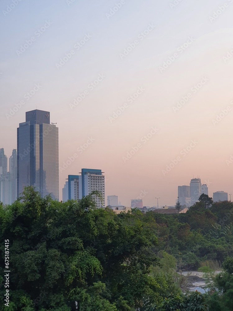Jakarta, Indonesia – October 18, 2023: A sunrise view cityscape of Indonesia capital city Jakarta