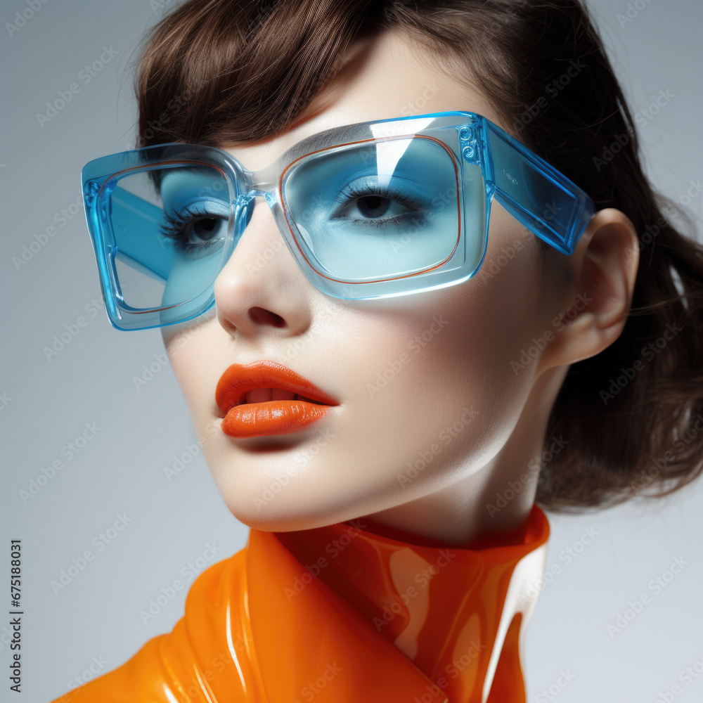 Portrait of fashion young girl with a round sunglasses in neon light in the studio. Futuristic fashion style. Portrait of fashion young girl with a round sunglasses in neon light in the studio. Futuristic fashion style.