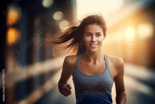 portrait of healthy and fit woman doing sport, jogger running on color background. healthy lifestyle