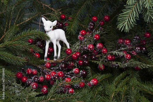  composition of a white fawn in the heart of fir branches and a holly branch with its red berries. photo