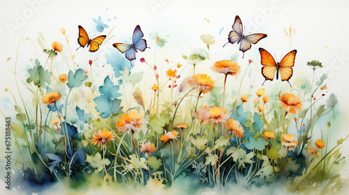 A watercolor painting of a field of flowers and butterflies flying over it, with a white background and a blue sky. © Damian