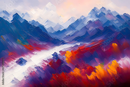Contemporary Digital Oil Painting of Mountain Landscape in Vibrant Colors photo