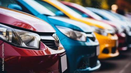 Cars for sale, vehicle or lot for dealership salon in parking or line up. Colorful, model or display of various cars for finance, selling, buyer or insurance of ownership, asset gas inflation