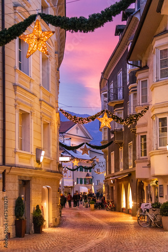 Streets of the center of Bressanone, illuminated by Christmas lights, Bolzano, Trentino Alto Adige, Italy