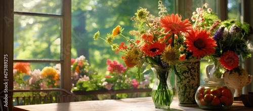 The colorful floral arrangement on the table adds a vibrant touch to the background of the garden creating a harmonious blend of beautiful flowers lush green plants and a scenic view of nat