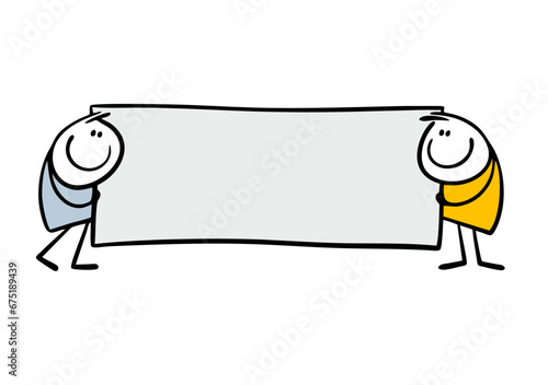 Two cartoon men holding long banner to attract attention. Vector illustration free space for important information on the sheet of paper.