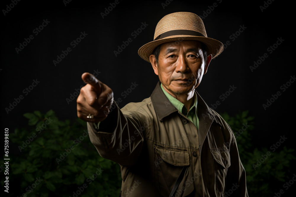 a man in a hat pointing at something