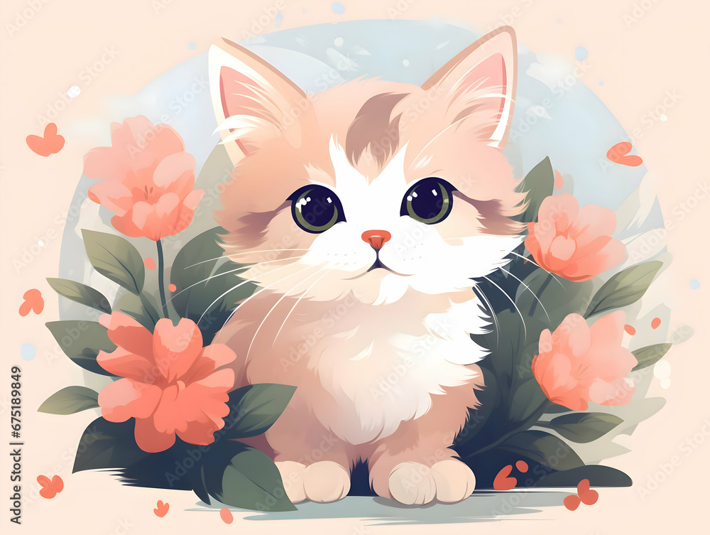 Cute cat in flowers. Flat postcard illustration. High quality Cute cat in flowers. Flat postcard illustration. High quality